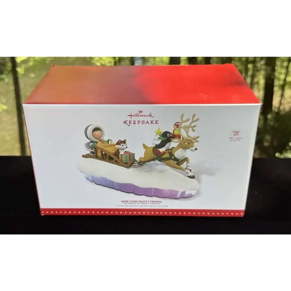 New Hallmark Here Come Frosty Friends Sled Reindeer Magic Cord Table Decor 46D